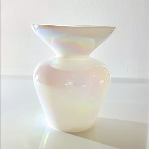 Vintage 6.5”h x 5”w Iridescent Holographic White Glass Vase